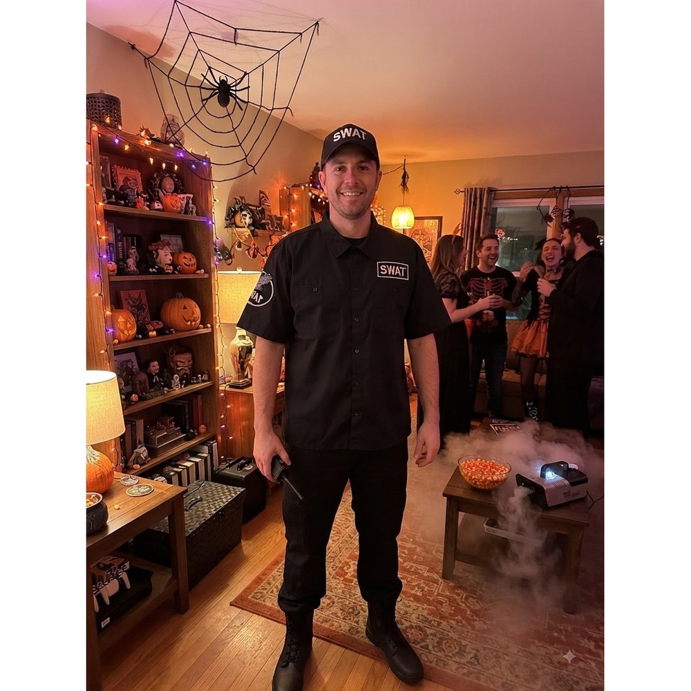 Spirit Halloween SWAT Costume Set Mens XL Black Shirt and Hat - Picture 1 of 10